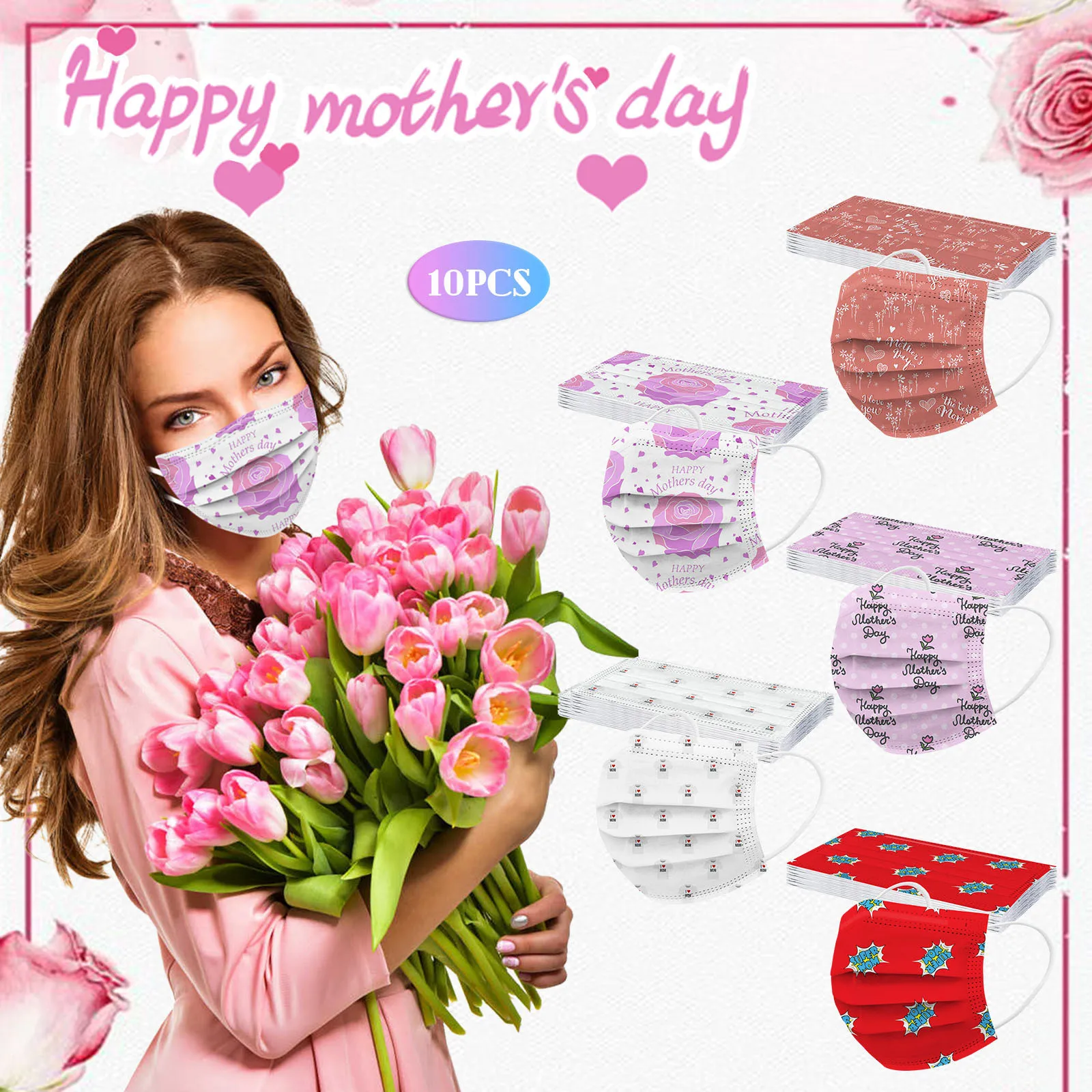 

10PCS Face mask for Women Disposable Breathable Face Mask Mother's Day Printing Facemask Adult Dust-Proof Protective Mascarilla