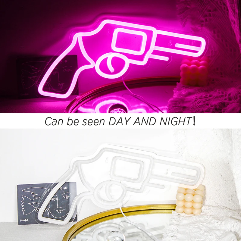 Wanxing Neon Sign Lights Pink Gun Pistol Shaped Wall Hanging Art Night Lamps For Bedroom Game Room Decor Usb Witch Switch | Освещение