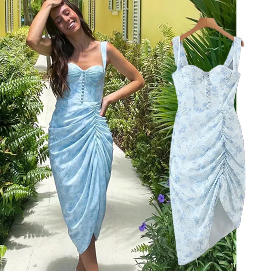 

Jenny&Dave Ins Fashion Summer Mini Dress Women Vestidos Blogger Floral Printing Spaghetti Strapless Sexy Forking Dress Women