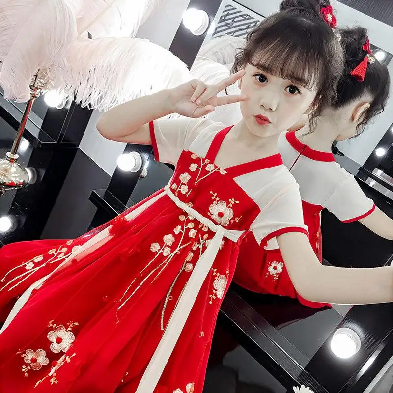 flower red Платье для девочек модная детская летняя одежда Платья принцессы с короткими рукавами для девочек 110-150 размера плюс красные цветы - Цвет: flower red