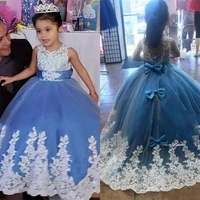 new princess ball gown flower girl dresses white lace appliqued jewel neck with bow floor length girl pageant birthday dress