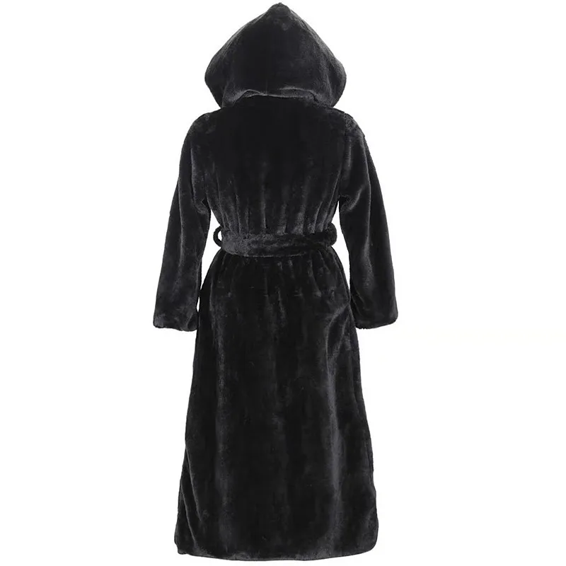 

Womens Autumn Winter Hooded Thicken Plush Artificial Mink Fur Coat Reversible Belt Long Fluffy Long Sleeve Jacket Outwear Top