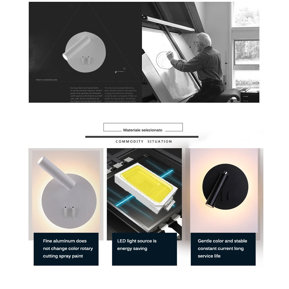 Светодиодная настенная лампа регулируемый прикроватный светильник с вращением