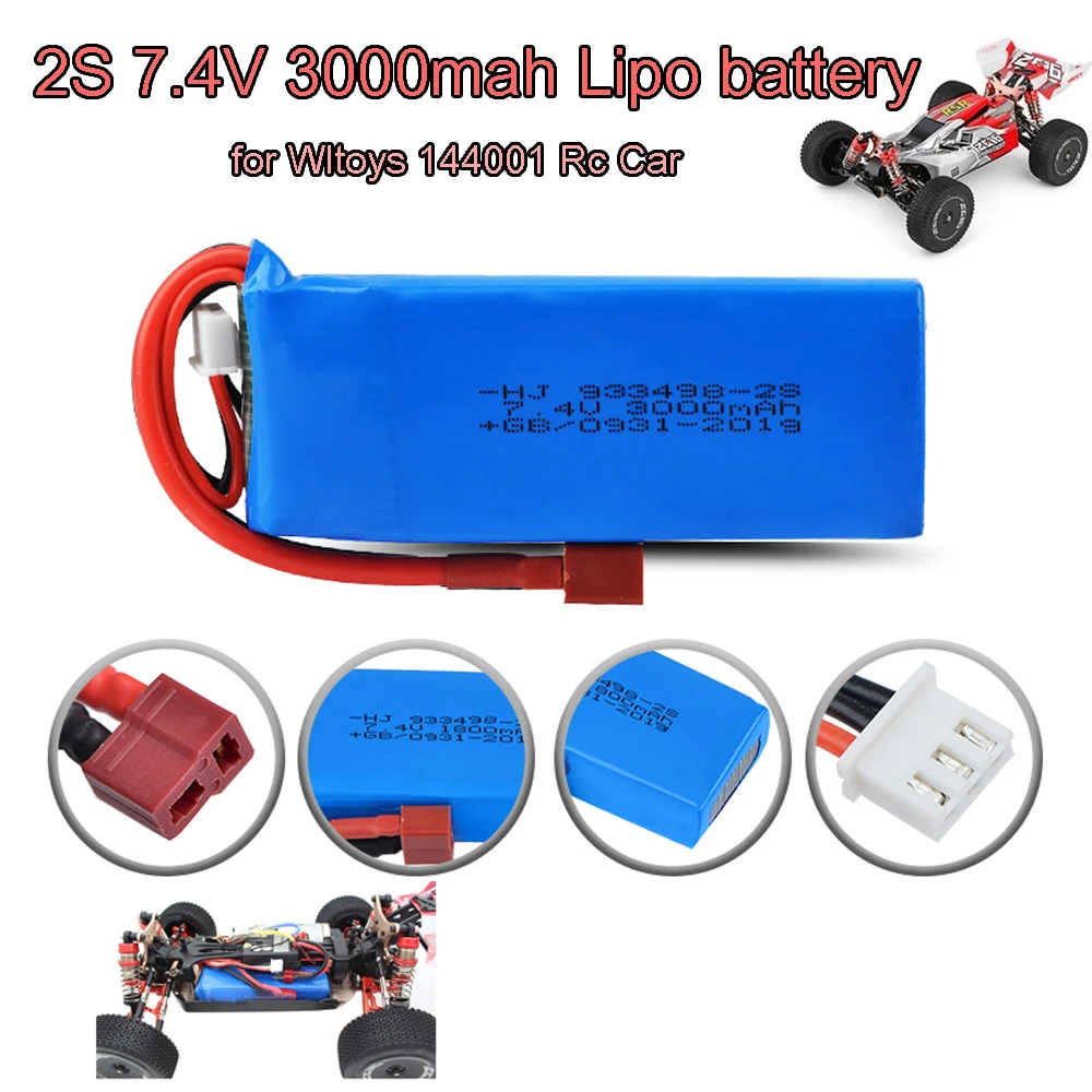 

1 / 3 pcs High Quality Upgrade 7.4V 3000mAh Lipo Battery 2S T Plug for Wltoys 144001 124018 124019 Rc Car R/C truck Spare Parts