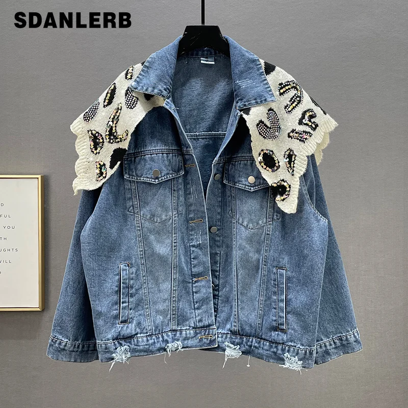 

Женская джинсовая куртка, с вышивкой бисером, с длинным рукавом летучая мышь, с блестками, универсальная, осень 2021
