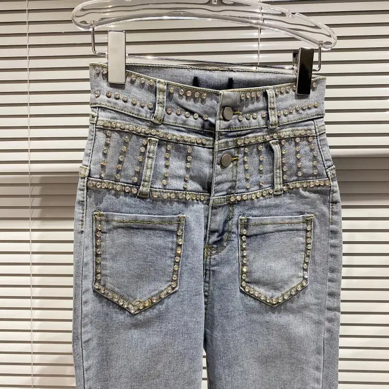 

2021 Spring New Rhinestone Distressed Denim Jeans Beaded Slim High Waist Jeans Women's Skinny Denim Pants
