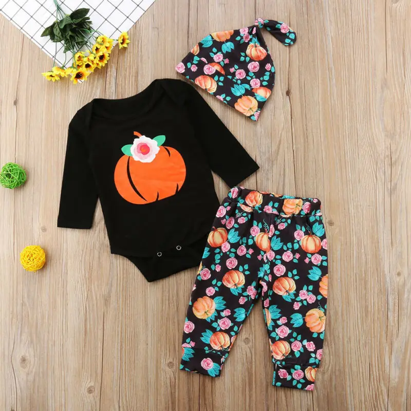 

Halloween Kids Baby Boys Girls Pumpkin Tops Romper Pants Hat Outfits Set 0-24M