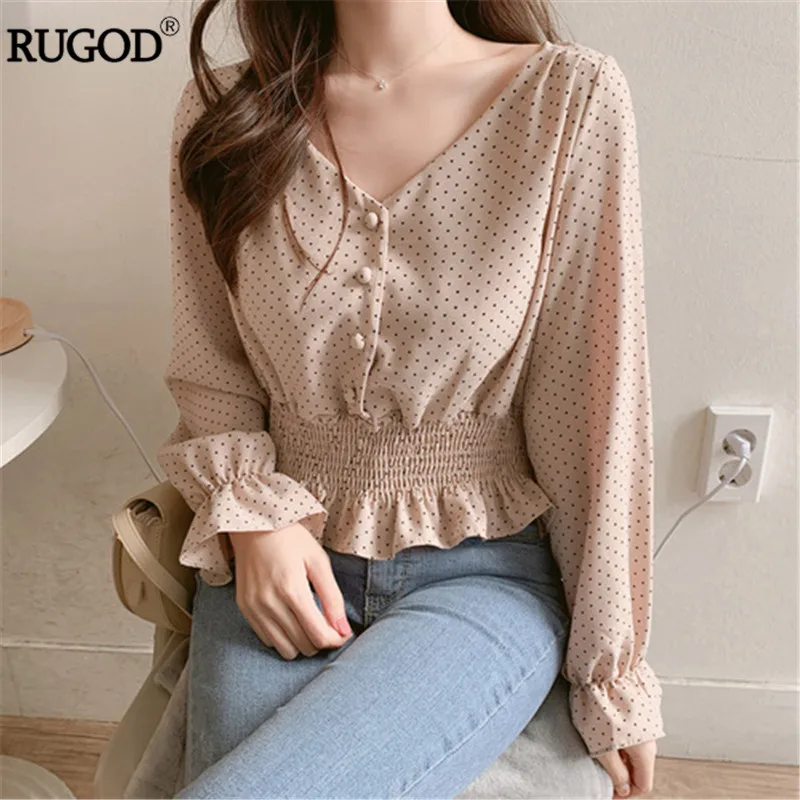 Женская блузка в горошек RUGOD повседневная короткая Корейском стиле с v образным