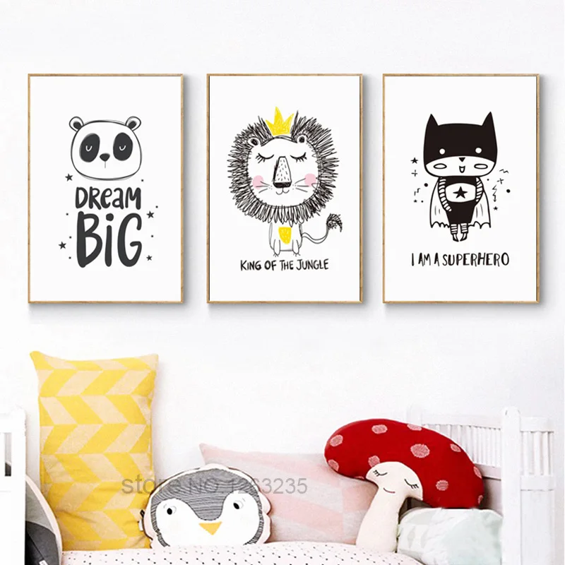 Мультфильм питомник супергерой панда лев ребенок стены искусства холст картина