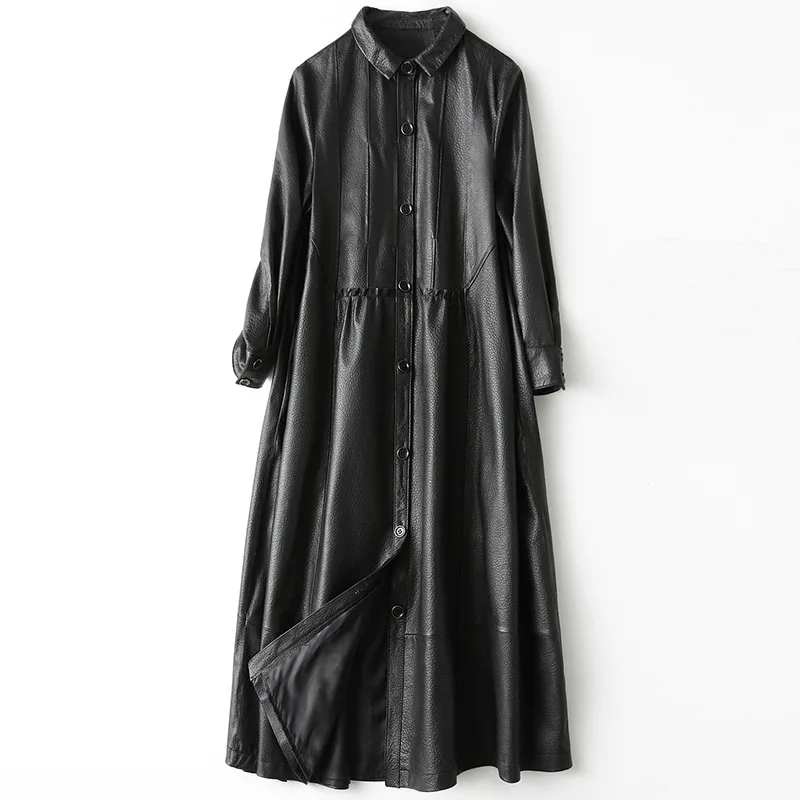 Black Genuine Leather Long Turn Down Collar Full Sleeves Spring Real Sheepskin Jacket Women 3XL Plus Size Office Lady Overcoats