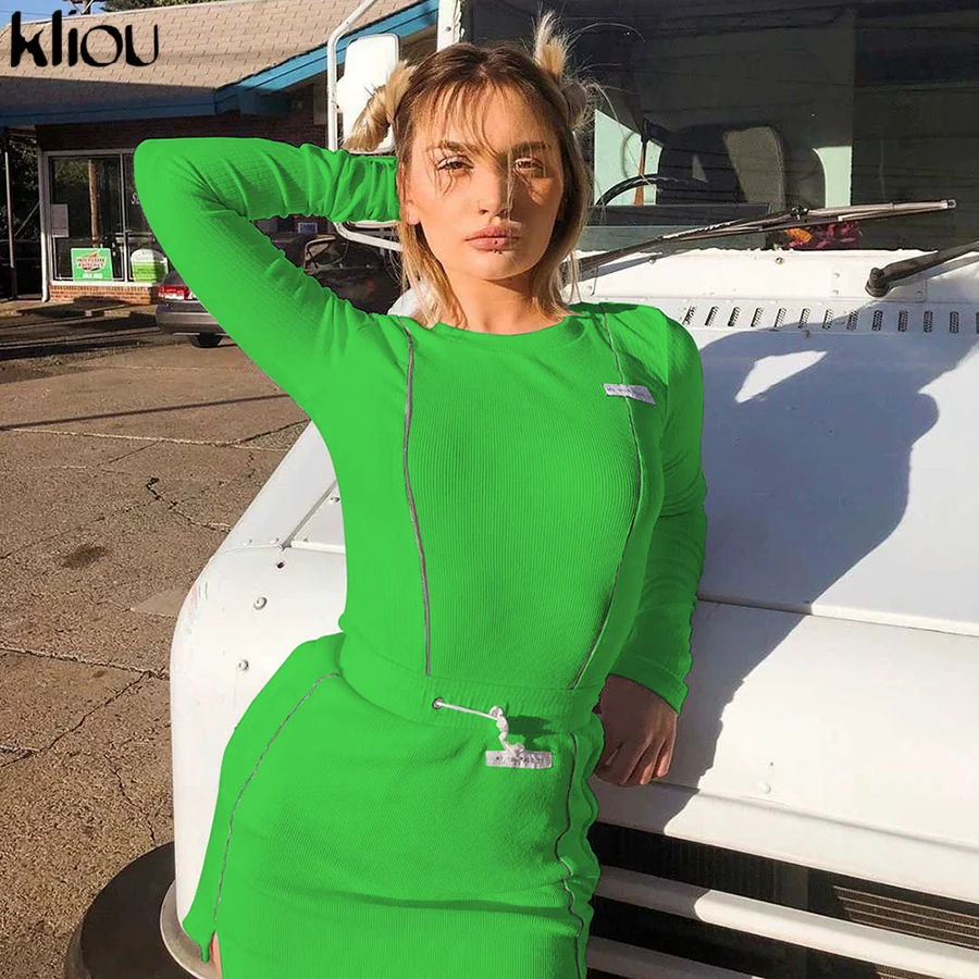 Зеленый Kliou женский модный светоотражающий полосатый лоскутный комплект из двух предметов белый короткий топ с длинным рукавом Нижняя юбка спортивный костюм - Цвет: Зеленый