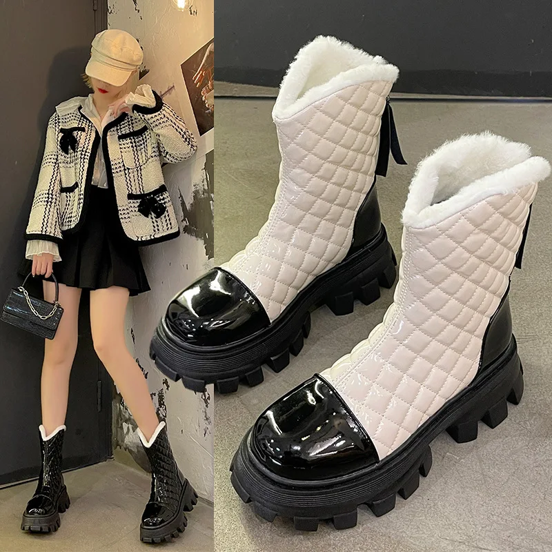 

Женские теплые ботинки челси, зимняя обувь 2021, женские мотоциклетные ботинки до середины икры с мехом, модные массивные ботинки на платформ...