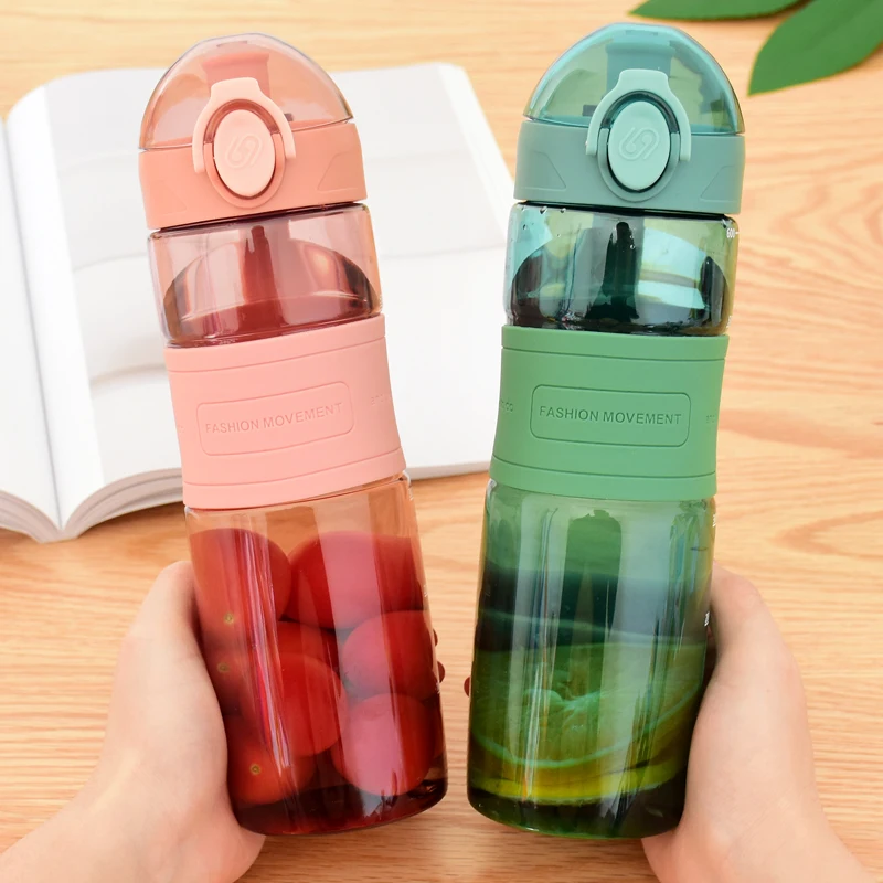 

600ml Sport&Outdoor My Water Bottle Portable Rope Fruit Juice Kettle With Capacity Scale Silicone Protective Sleeve Around Body