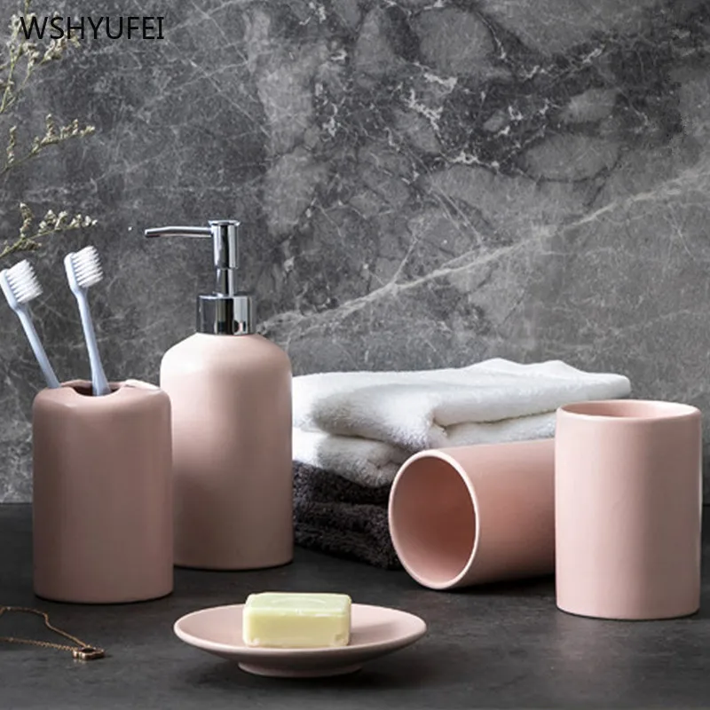 

5pcs ceramic bathroom accessories set pink wash tools baby bottle mouthwash cup soap toothbrush holder household items