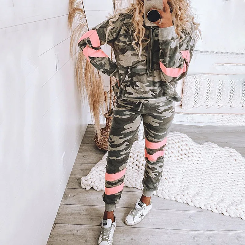 

Autumn New Style European and American Camouflage Print Long-sleeved Hooded Casual Home Sports Suit Sweater Women
