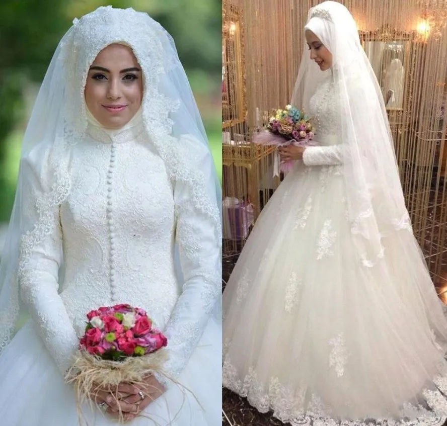 

2021 Muslim High Neck Long Sleeves Lace Wedding Dresses Applique Modest Plus Size Bridal Gowns Vestidos Mariee