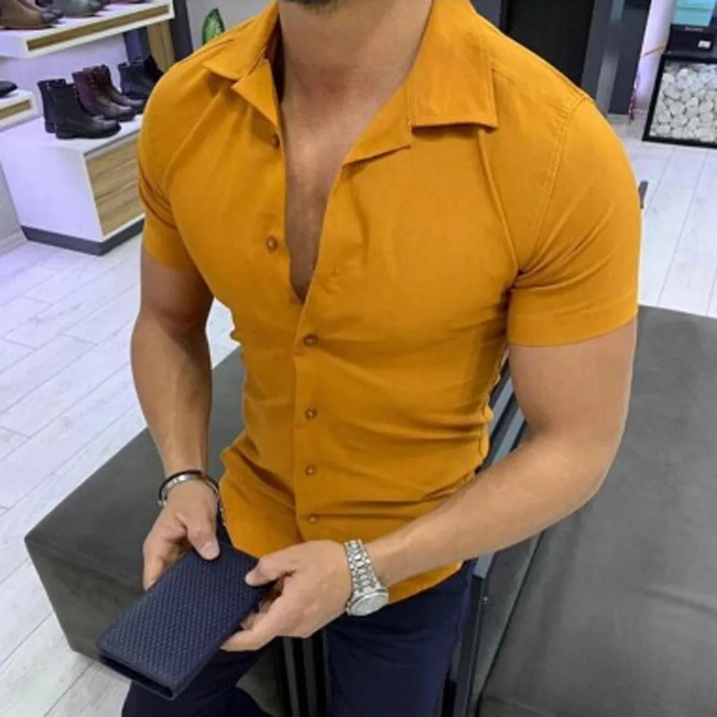 

2019 Men Shirt Men Fashion Solid Color Male Casual Short Sleeve Shirt Mens Shirts Apr8