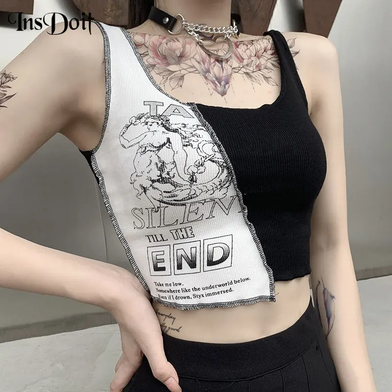 

InsDoit Gothic Black White Patchwork Tank Top Streetwear Punk Bodycon Funny Print Tanks Women Harajuku Sexy Sleeveless Crop Tops
