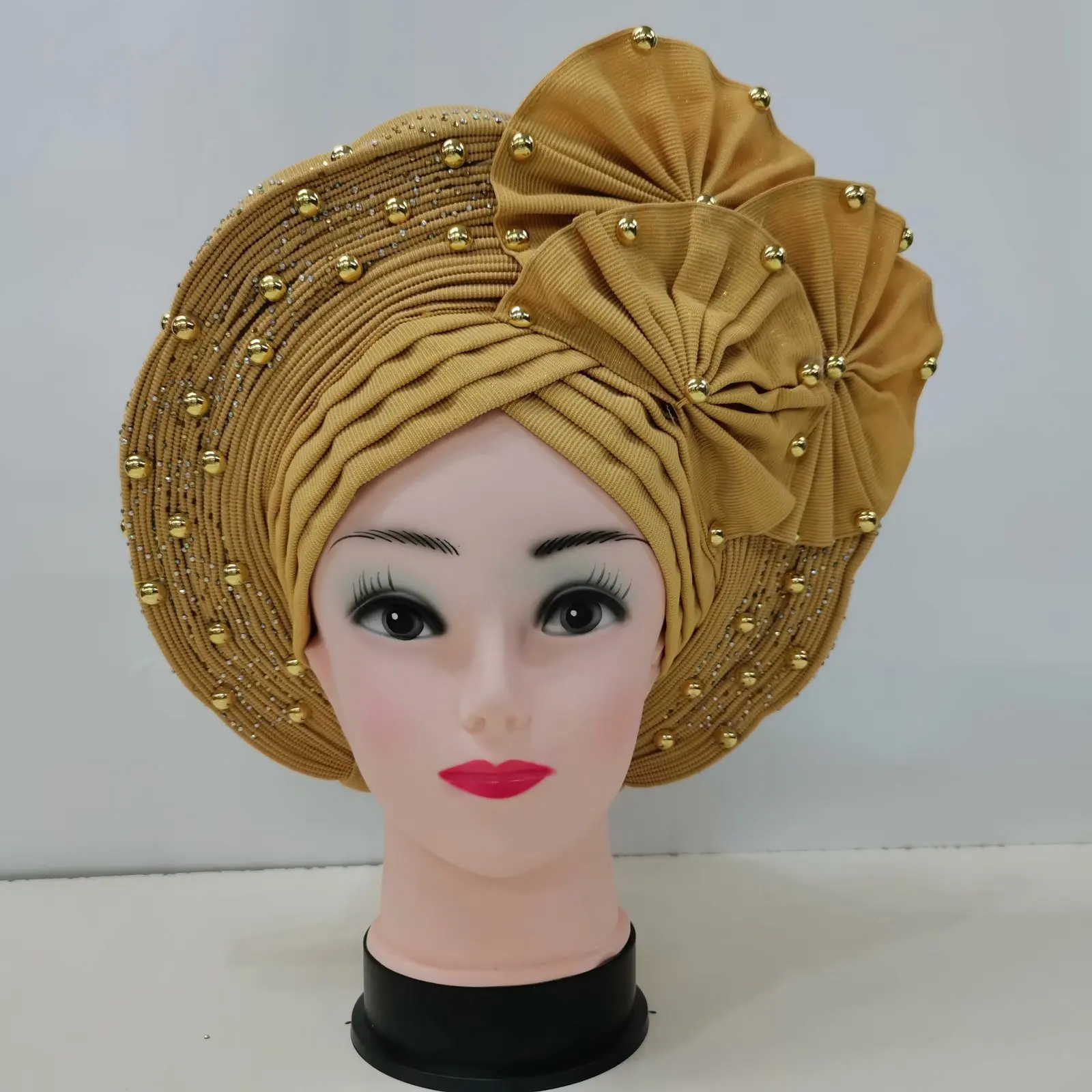 

Gold African Auto Gele Already Made Aso Oke Ladies Hat Head Wrap Sego Headtie With Many Pearls For Wedding Party 12colors Gree