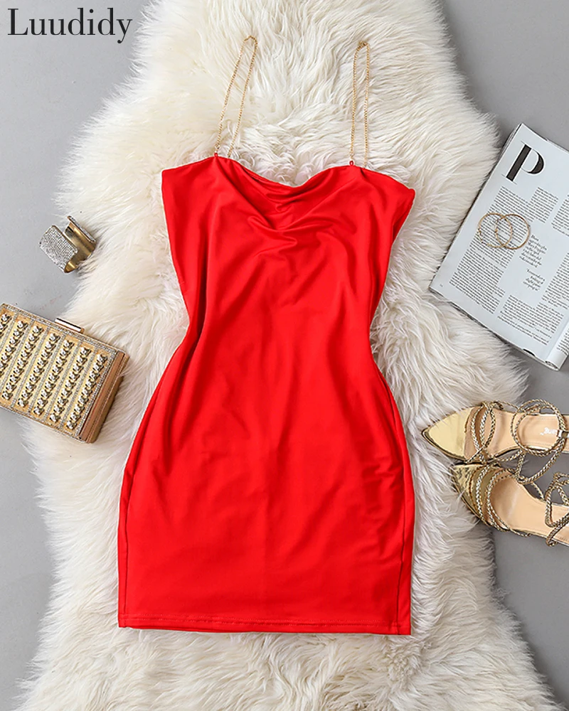 

Women Summer Dress Sexy Chain Strap Bodycon Mini Dress