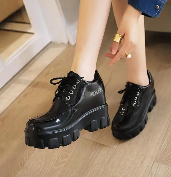 

Womens Fashion Hidden Heel Round Toe Lace Up Patent Leather Loafers Shoes