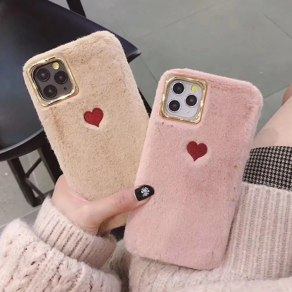 Теплый пушистый чехол для телефона iPhone 11 Pro Max XR X XS 7 8 6S Plus однотонный с сердечком