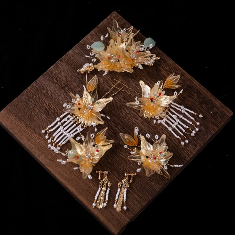 

Lovely Gold Luxury Chinese Style Tiara Atmosphere Flower Making Liquid Wedding Ancient Style Women Hair Jewerly