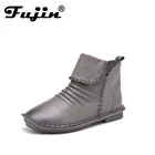 Женские ботинки из натуральной кожи Fujin, Черные ботильоны ручной работы, на низком каблуке, без застежек, с круглым носком, Осень-зима 2021