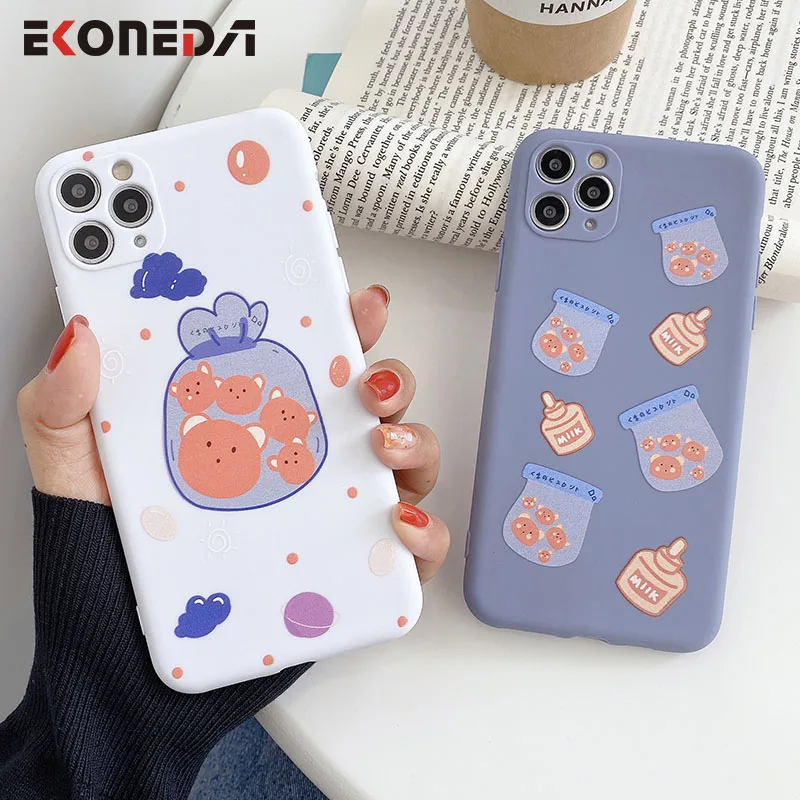 

EKONEDA Protective Phone Case For iPhone 11 12 Pro XS Max X XR 8 7 6S Plus Case Silicone Cartoon Milk Bear Soft TPU Back Cover