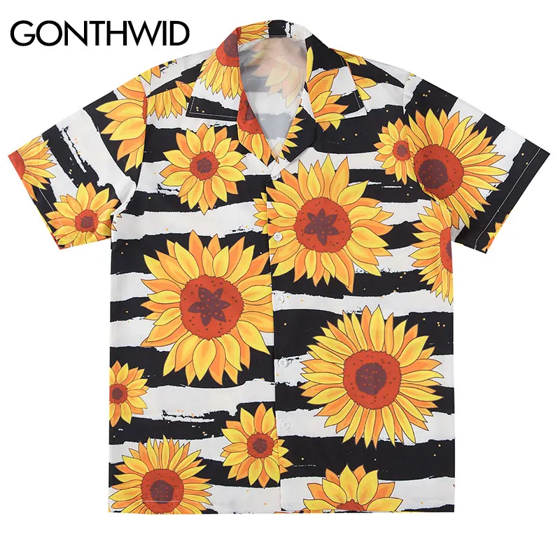 

GONTHWID Sunflower Flowers Print Short Sleeve Stripe Hawaiian Beach Aloha Shirts Summer Casual Tops Streetwear Men Hip Hop Shirt