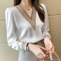 spring new style foreign style v neck satin chiffon blouse womens korean version loose and versatile temperament long