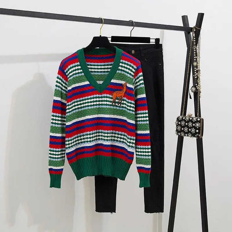 ICHOIX свитер с вышивкой + черные штаны комплект из 2 предметов Женский одежды милый