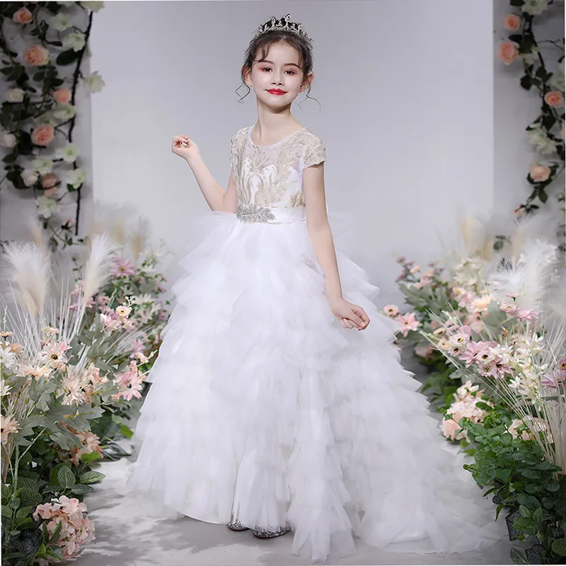 

Model Show Catwalk Performance Girls Piano Costumes Host Ceremony Pageants Princess Long Tail Dress Kid Host Evening Party Dress