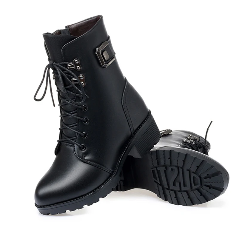 

Meotina Genuine Leather Real Wool Fur Platform Mid Heel Ankle Boots Women Shoes Zip Lace Up Rivet Block Heels Motorcycle Boots