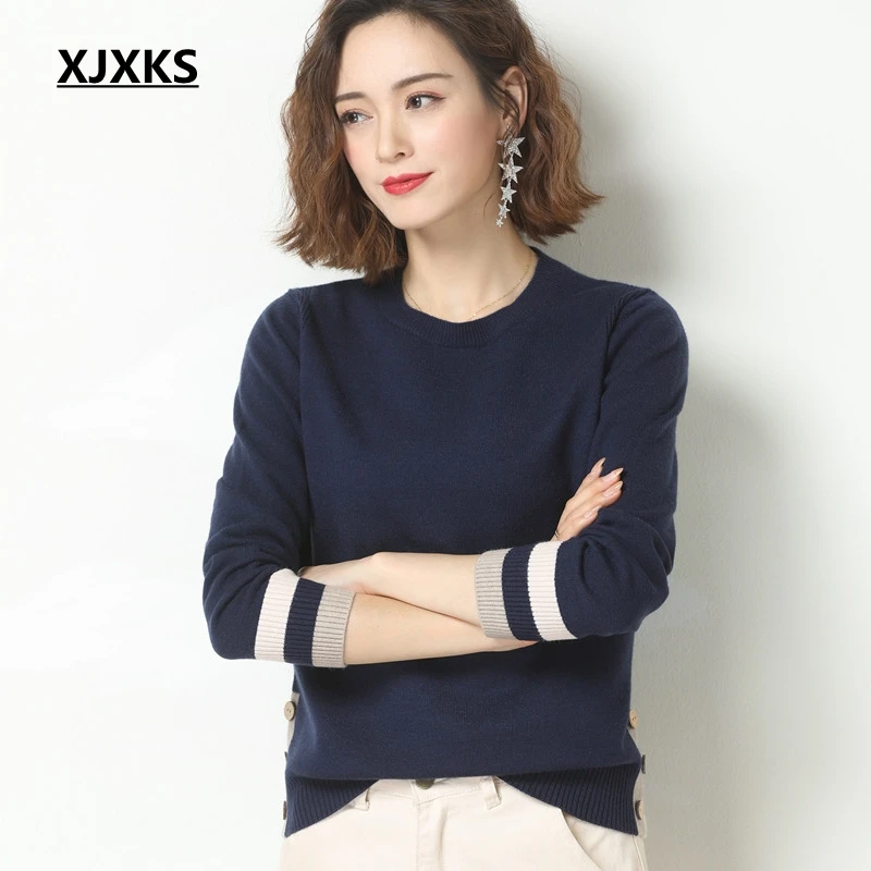 Пуловер женский кашемировый с круглым вырезом и длинными рукавами | Женская