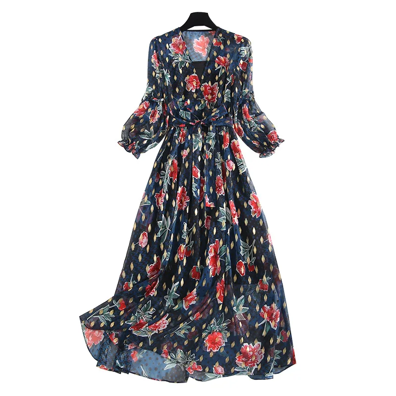 

Runway Chiffon Fashion Summer 3/4 Sleeve V-Neck Flower Print Belt Midi Elegant Party Holiday Dress Vestidos
