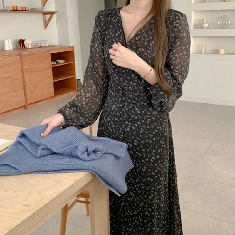 

Wavsiyier Vintage A-Line Autumn Loose Party Chiffon Dress Women Long Sleeve Woman 2021 Korean Style Spring Print Floral Dresses