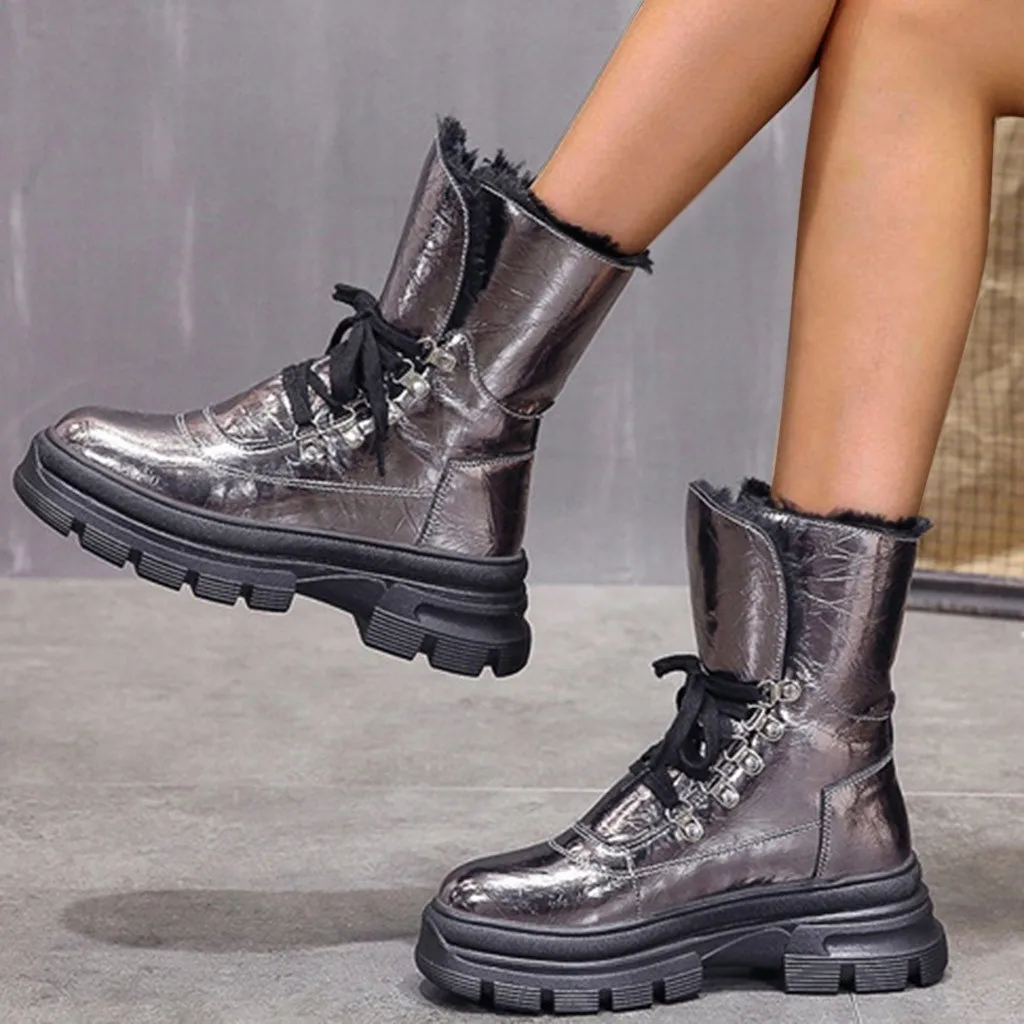 Женская обувь ботинки на платформе в Корейском стиле женские зимние блестящие