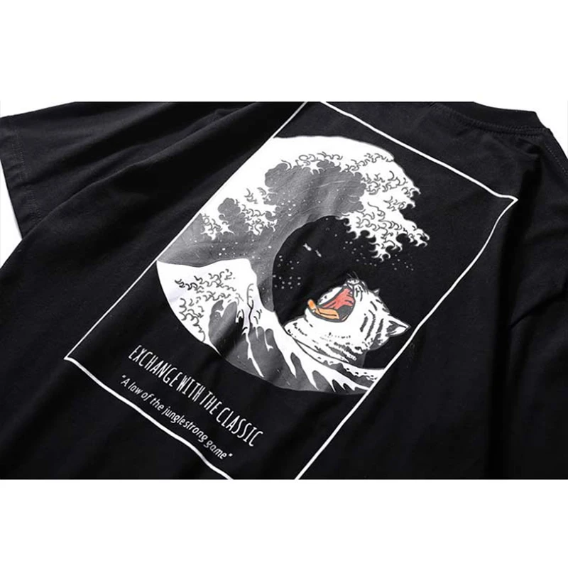 

JING ZHE Japanese T Shirts Men High Street Retro Tee Shirts Cotton O-neck Streetwear Couple Fashion Waves Print Casual Tops Tees