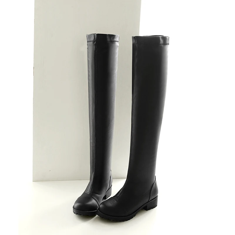 Модные сапоги до колена женские зимние высокие на толстом высоком каблуке с