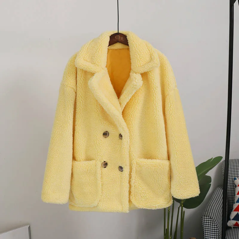 yellow teddy coat Негабаритный верблюжий искусственный мех плюшевый медведь куртка пальто для женщин Зимняя мода уличный стиль теплое пальто Верхняя одежда Пальто из овечьей шерсти - Цвет: yellow teddy coat