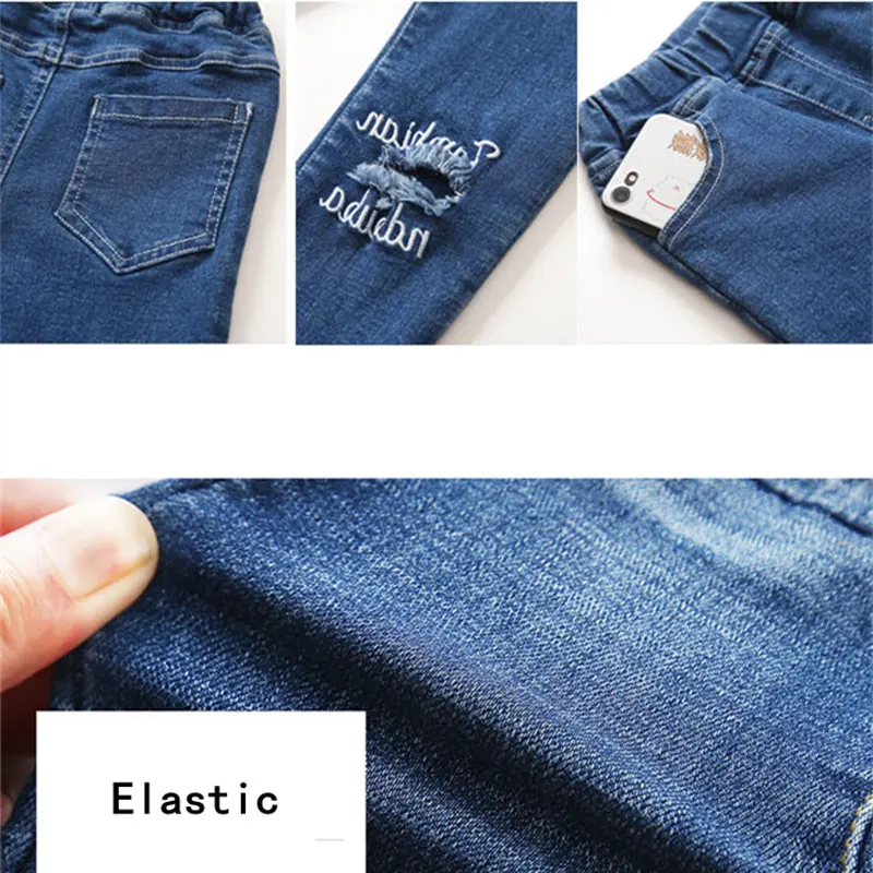 

Teenage Children Girls Jeans 2021 Fashion Elastic Waist Denim Pants Kids Skinny Jeans for Girl Ripped Trousers Kids Clothes 4-13