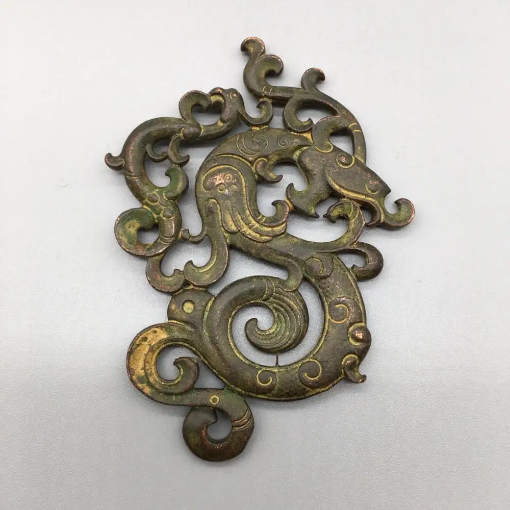 

Chinese antique collection old copper hollow dragon and phoenix double-sided brand town house transfer pendant small ornaments