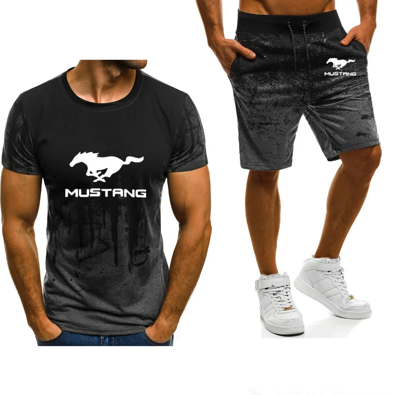 

Men's short sleeve Mustang Car Logo print casual Gradient High Quality Cotton Men's T-Shirt Pants Suit 2Pcs