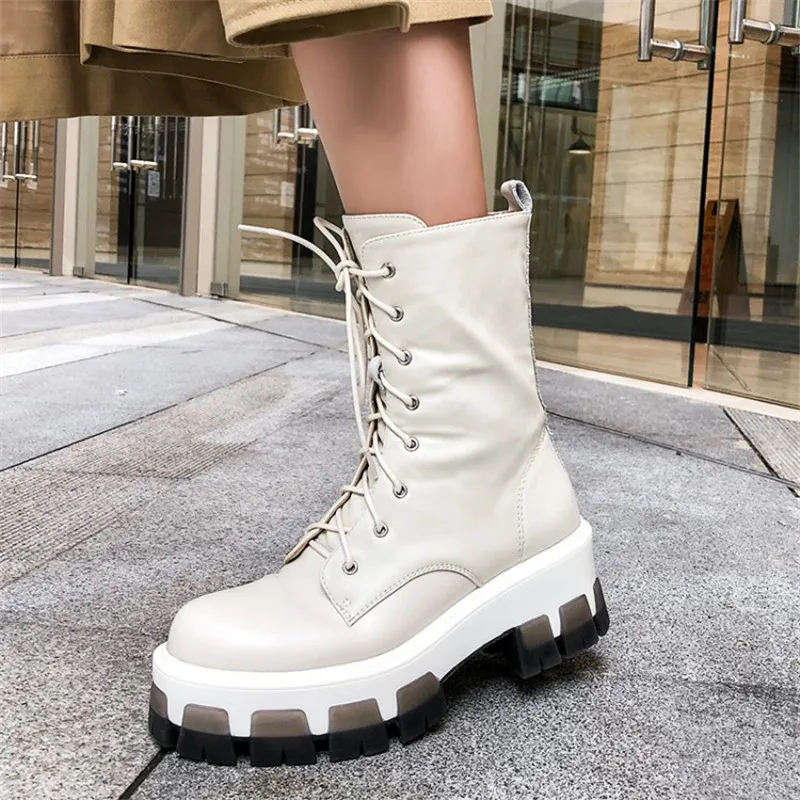 Осенние байкерские ботинки PXELENA на толстой платформе и толстом каблуке новинка