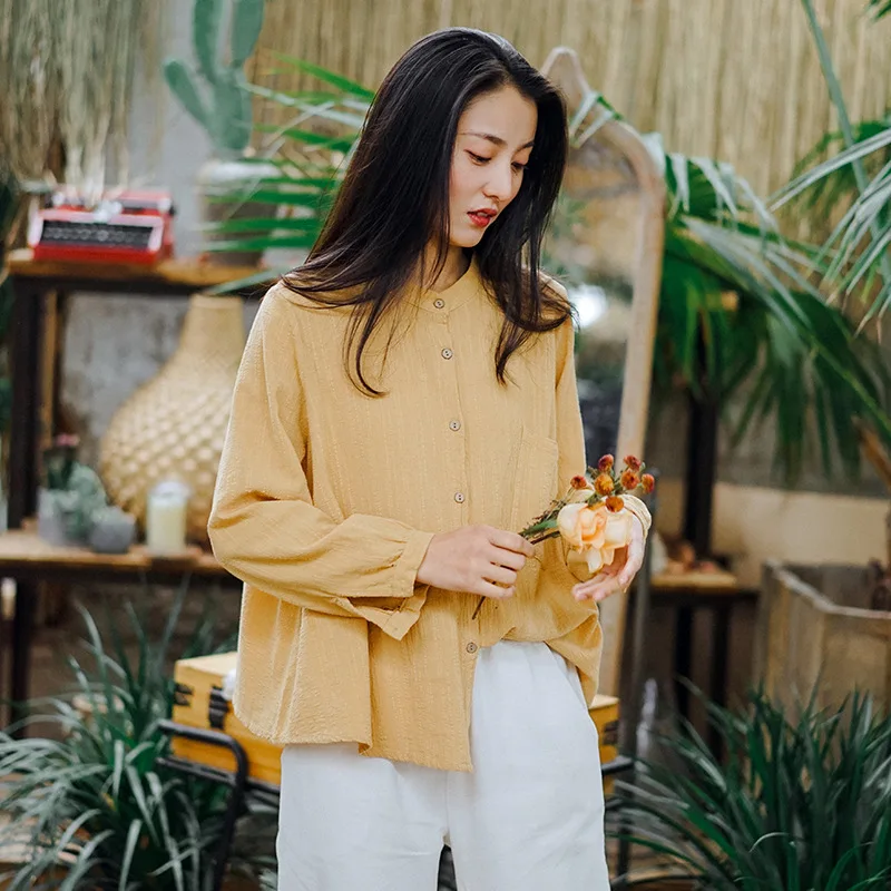 Хлопковые льняные рубашки винтажные блузки одноцветные весна 2020 новые