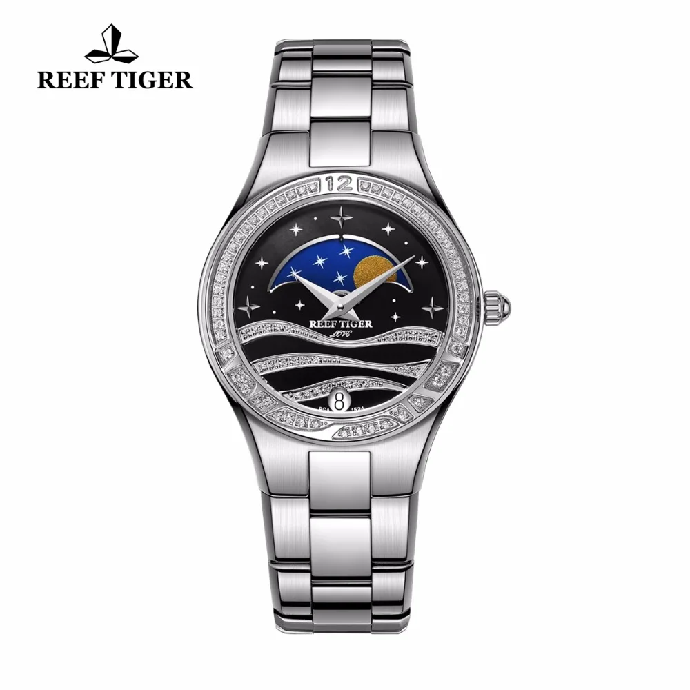 

Reef Tiger/RT Fashion Causal Watches for Women Moon Phase Watch Stainless Steel Blue Wrist Watches RGA1524