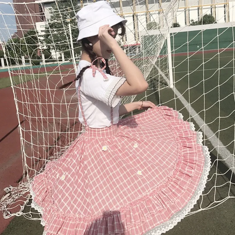 Kawaii Лолита юбка японский стиль 90 подростков мягкая Сестра Дейзи аппликации кружева лоскутное рюшами Сарафан в клетку юбки