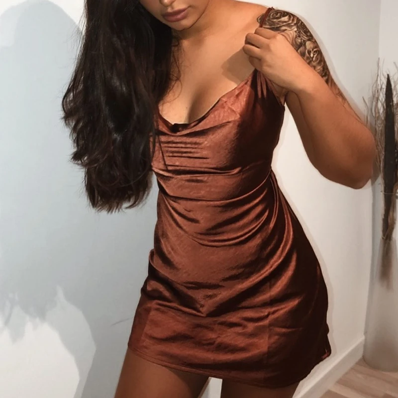 

Sexy Elegant Satin Slip Dress Women 2021 Summer Fashion Sleeveless V Neck Lace Up Slim Fit Mini Dress Holiday Casual Sundress