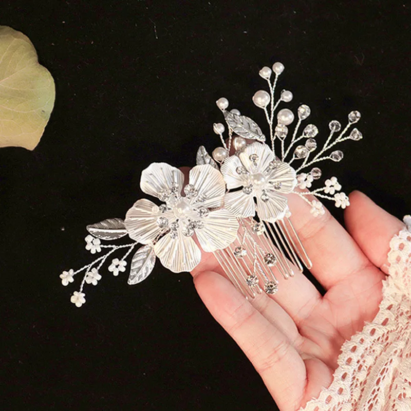 FORSEVEN Super Fairy Simple Silver Color Flower Crystal Pearls Hair Combs Women Bride Noiva Wedding Veil Decor Jewelry Clips | Украшения и